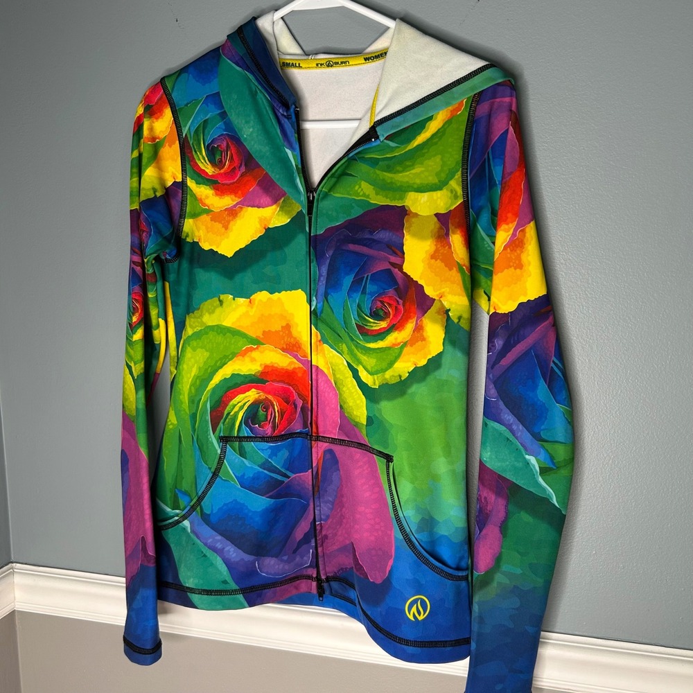 INKnBURN Womens Rainbow Rose Floral Full Zip Performance Hoodie Small aop